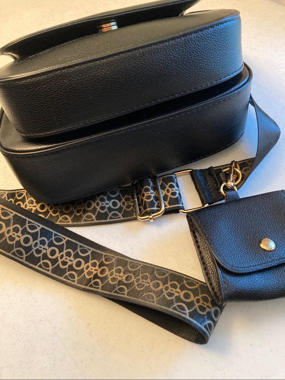 Designer Inspired 2-1 Black Crossbody with Gold Chain and Patterned Strap - Picture 8 of 8